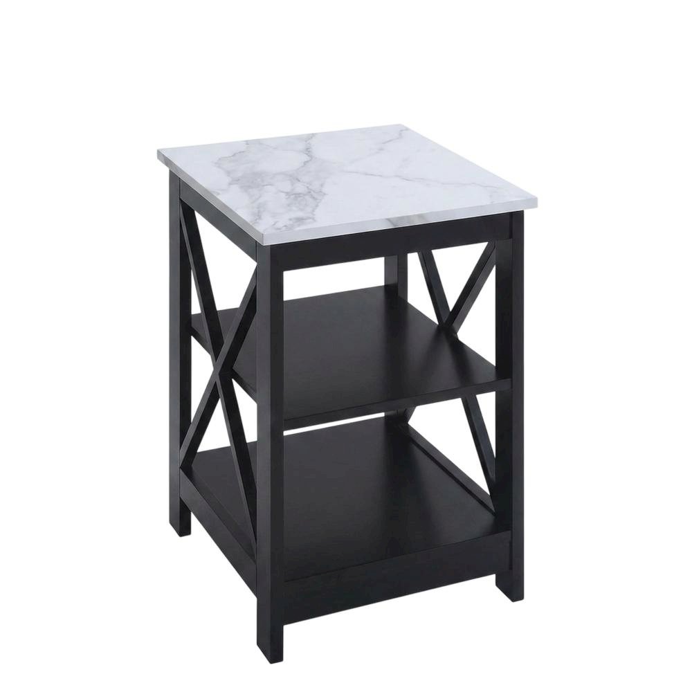 White faux marble end table with shelf for living room or bedroom use