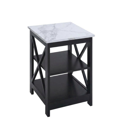 White faux marble end table with shelf for living room or bedroom use