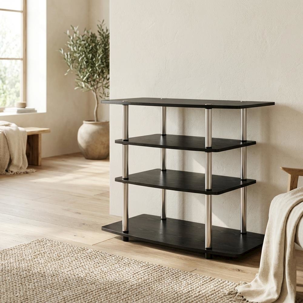 Black transitional 37-inch highboy TV stand, 4 shelves, woodgrain veneer design