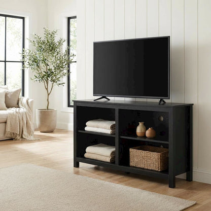 Black wood TV stand, adjustable shelves, 65-inch televisions, modern style