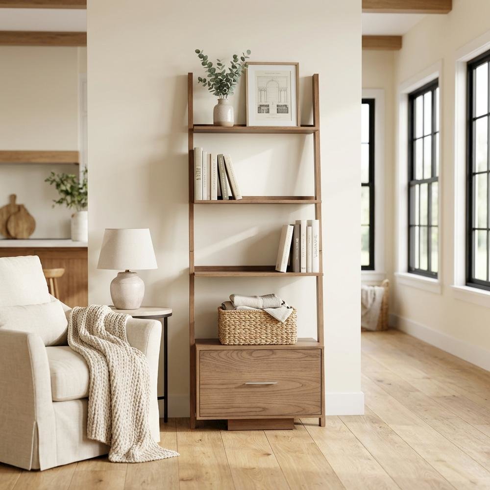 Ash Veneer Ladder Bookcase with File Drawer for Storage and Organization