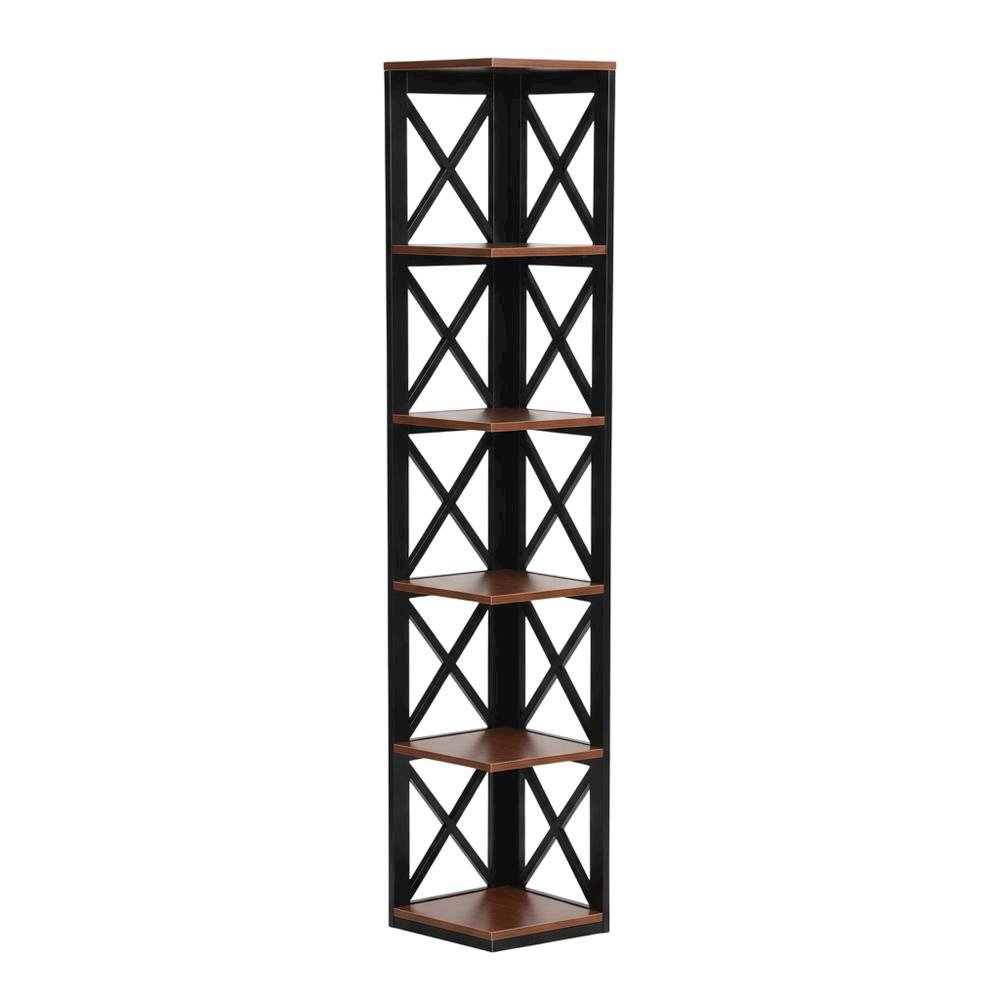 Multi-tier corner bookcase with durable finish, ideal for compact spaces