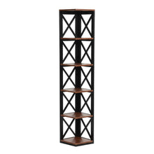 Multi-tier corner bookcase with durable finish, ideal for compact spaces