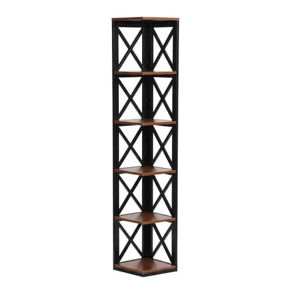Multi-tier corner bookcase with durable finish, ideal for compact spaces
