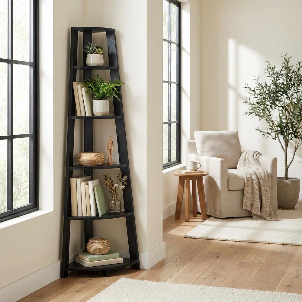 Black 5-Tier Corner Bookcase with Modern Design and Durable MDF Construction