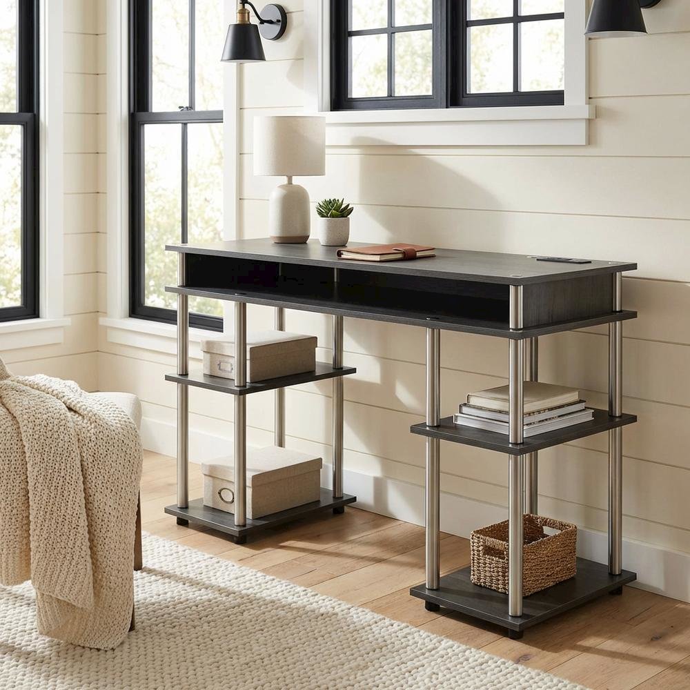 Contemporary Student Desk With Charging Station In Charcoal Gray For Home Office