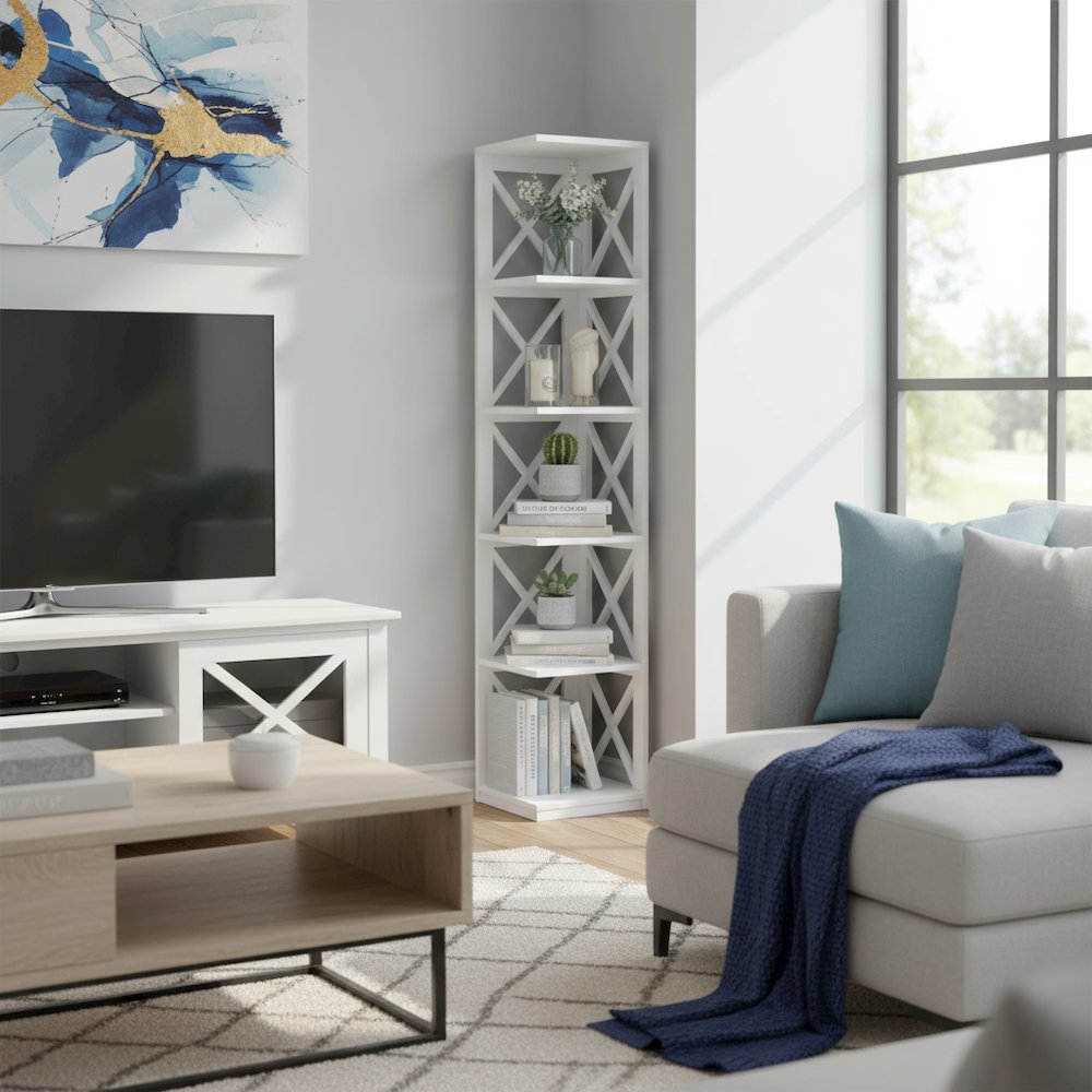 Corner Bookcase Crossed X Design with 5 Storage Shelves, Tall 63-inch Height