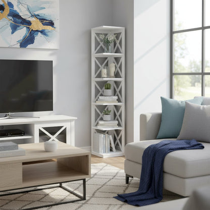 Corner Bookcase Crossed X Design with 5 Storage Shelves, Tall 63-inch Height