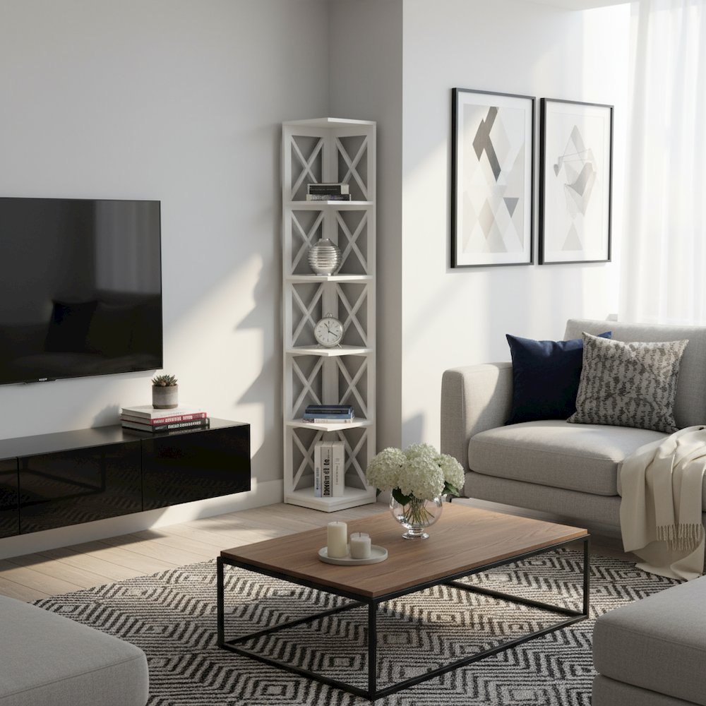 Corner Bookcase Crossed X Design with 5 Storage Shelves, Tall 63-inch Height