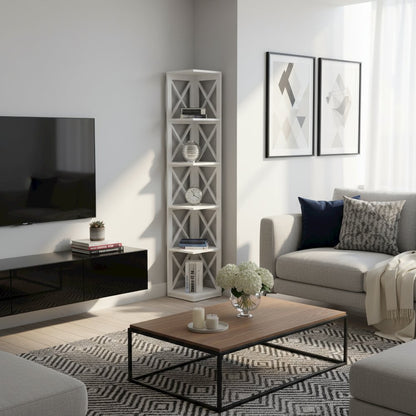 Corner Bookcase Crossed X Design with 5 Storage Shelves, Tall 63-inch Height