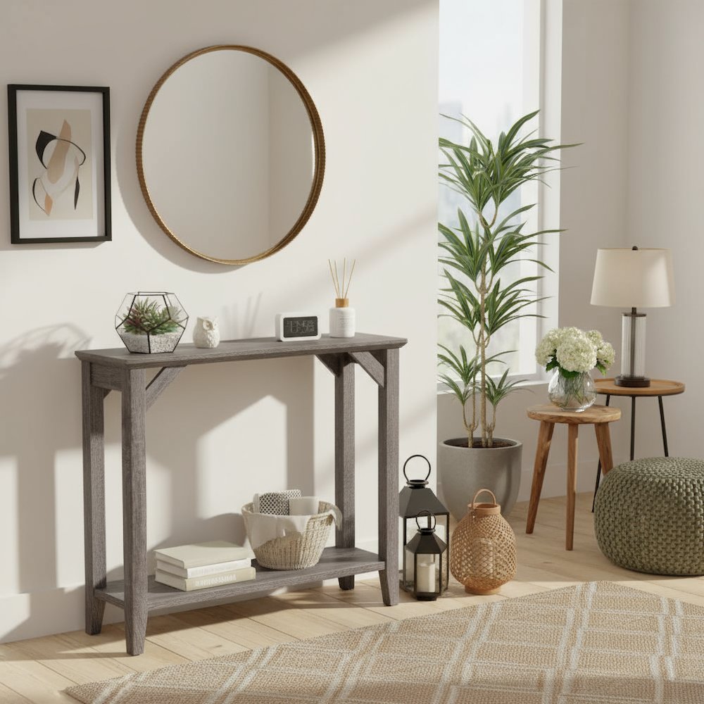 Winston Hall Table with 2 Tiers of Shelves, Woodgrain Finish, Gray, 36" Wide