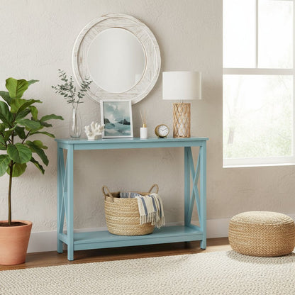 Console Table 2 Shelves, 39.5-inch Wide, Spacious Design, Blue Woodgrain Accent