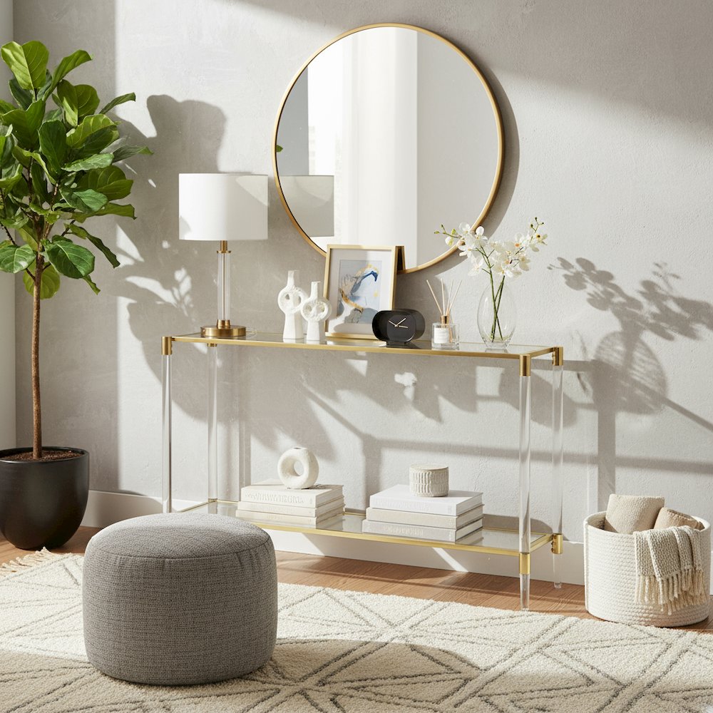 Console Table with 2 Glass Tiers, Acrylic Legs, Contemporary Style in Gold