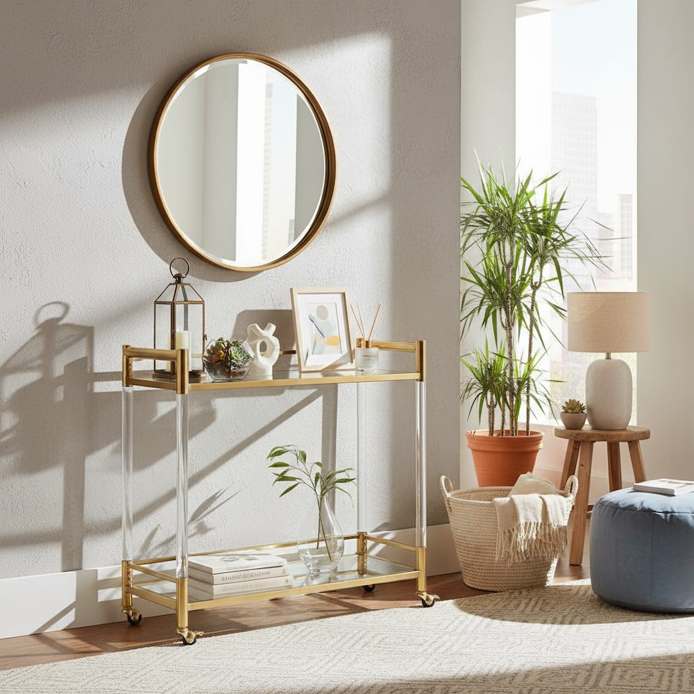 Bar Cart with 2 Tiers of Glass, Acrylic Legs, Locking Casters in Gold Chrome
