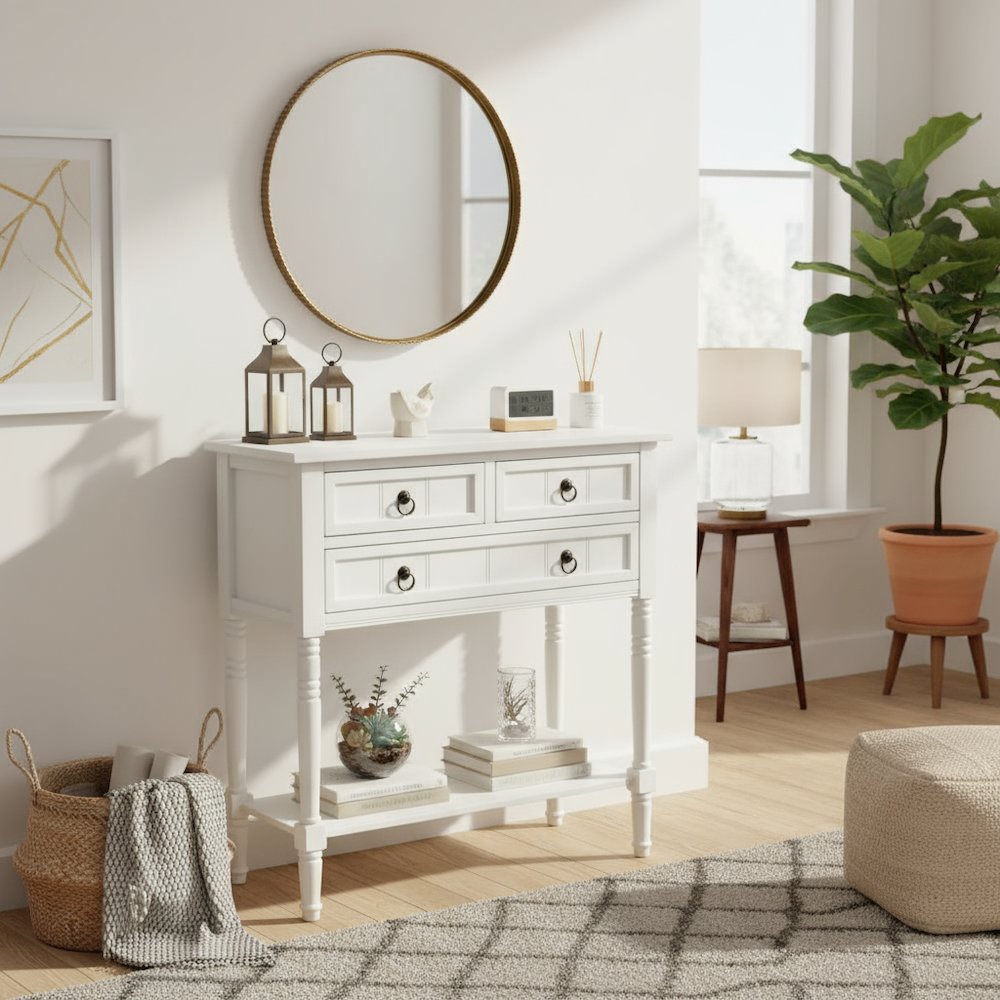 Kendra Hall Table with 3 Drawers and 2 Shelves, White Finish,2-Step Assembly