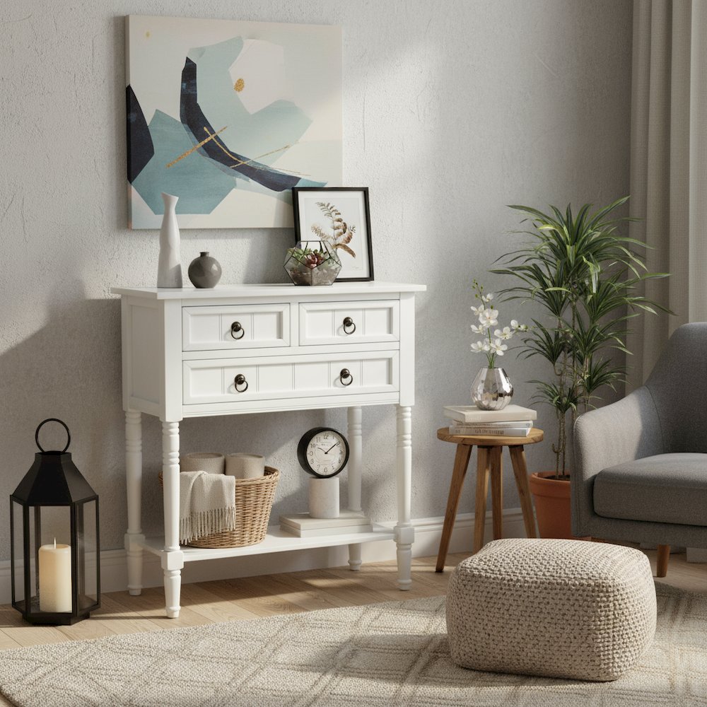 Kendra Hall Table with 3 Drawers and 2 Shelves, White Finish,2-Step Assembly
