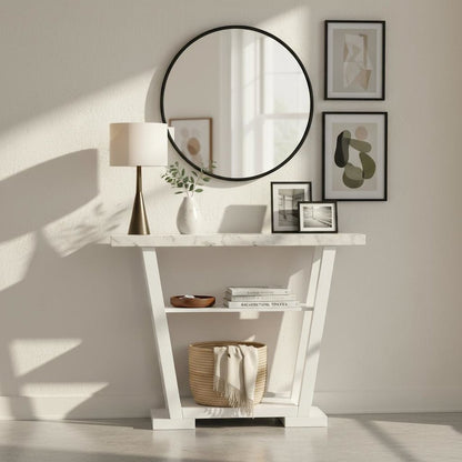 Console Table, Gray Marble, 2 Shelves, Entryway, Sofa