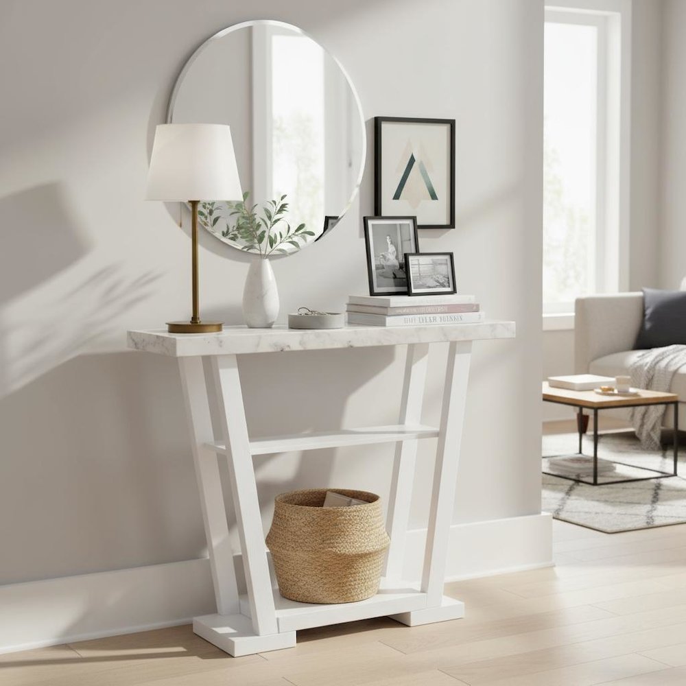 Console Table, Gray Marble, 2 Shelves, Entryway, Sofa