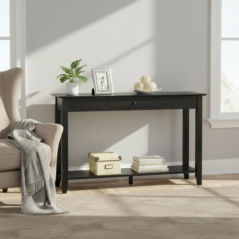 Classic Console Table, Black, Drawer, Shelf, Entryway Accent
