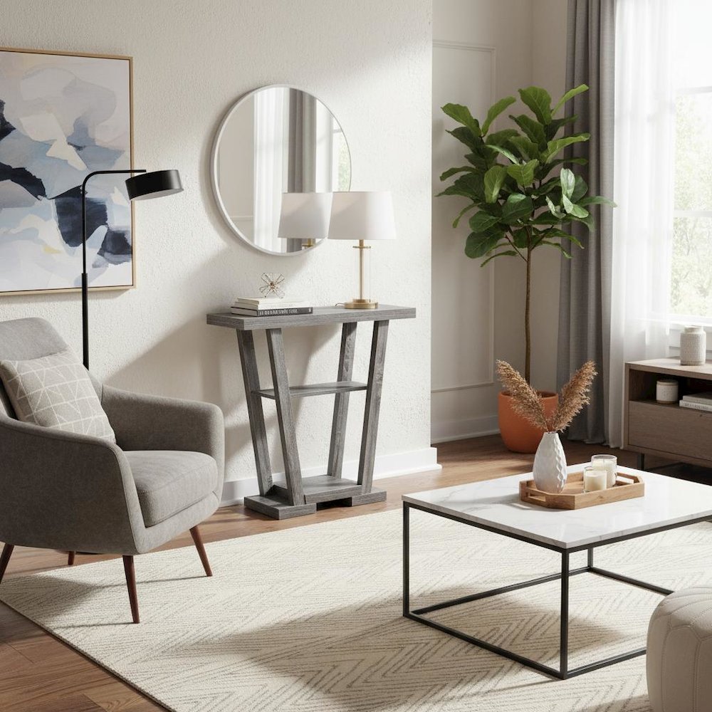Console Table, Gray Woodgrain, 2 Shelves, Entryway, Sofa