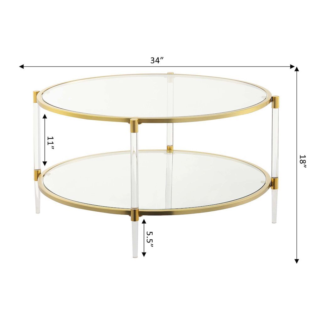 Acrylic Coffee Table with 2 Tiers of Glass, Gold Frame, Contemporary Style, 34"