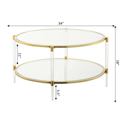 Acrylic Coffee Table with 2 Tiers of Glass, Gold Frame, Contemporary Style, 34"