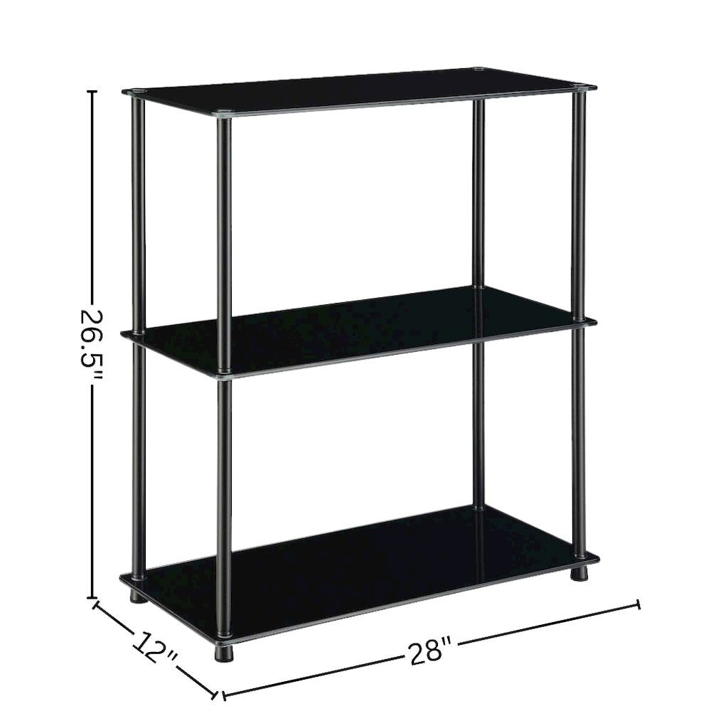 3 Tier Bookshelf, Black Glass, Chrome, Modern, Display