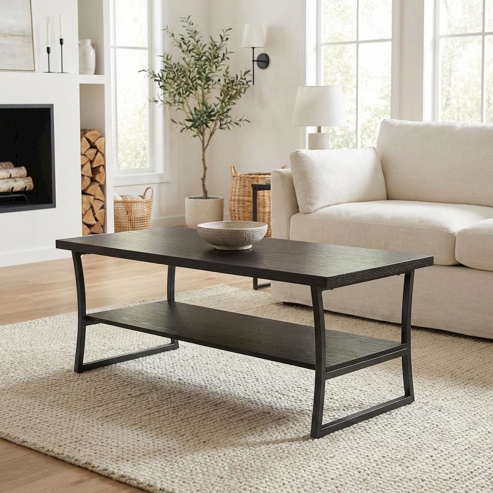 Espresso Coffee Table with Slate Gray Frame Hollow Core Construction