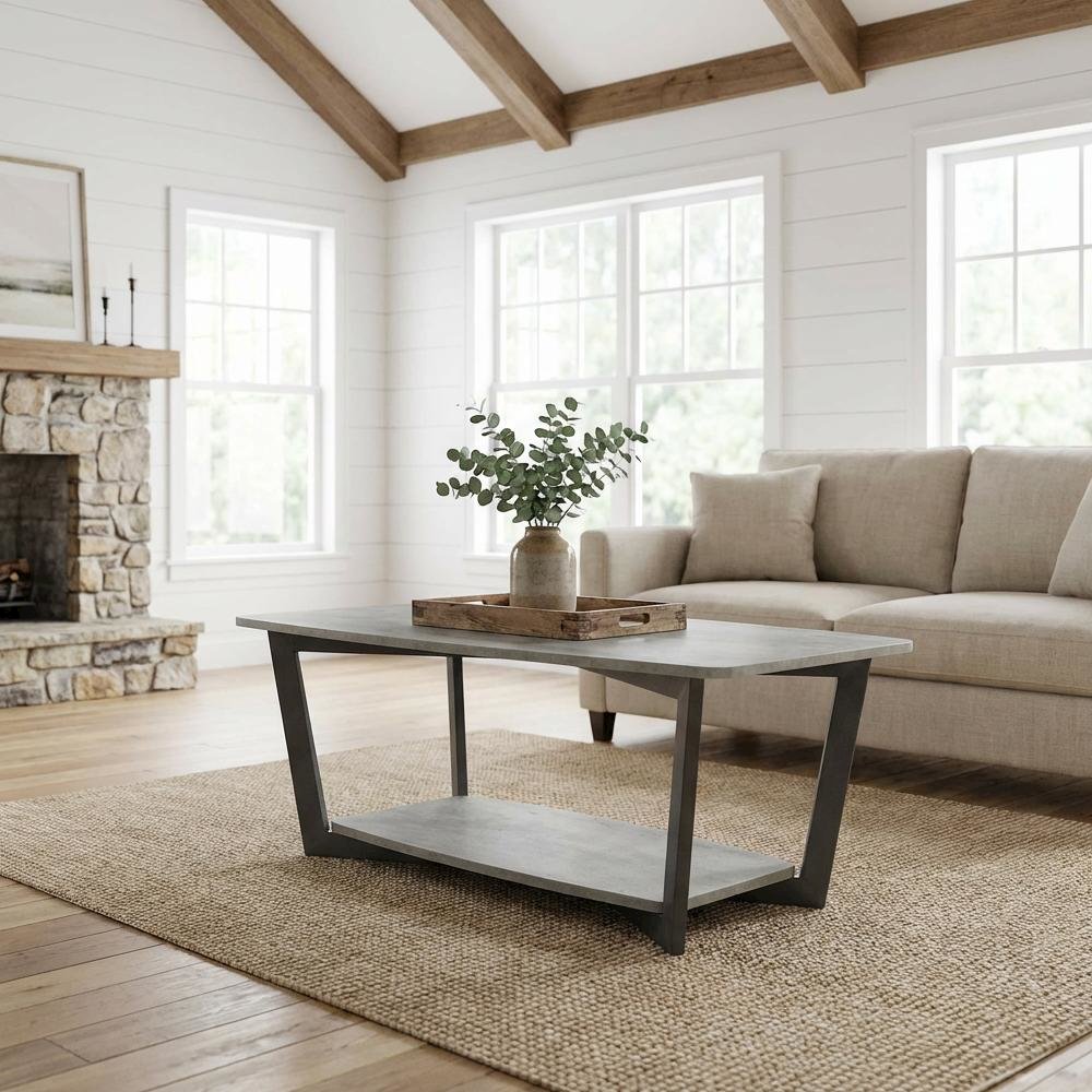 Coffee Table Faux Birch Slate Gray Frame, Particle Board Surface, Sturdy Design