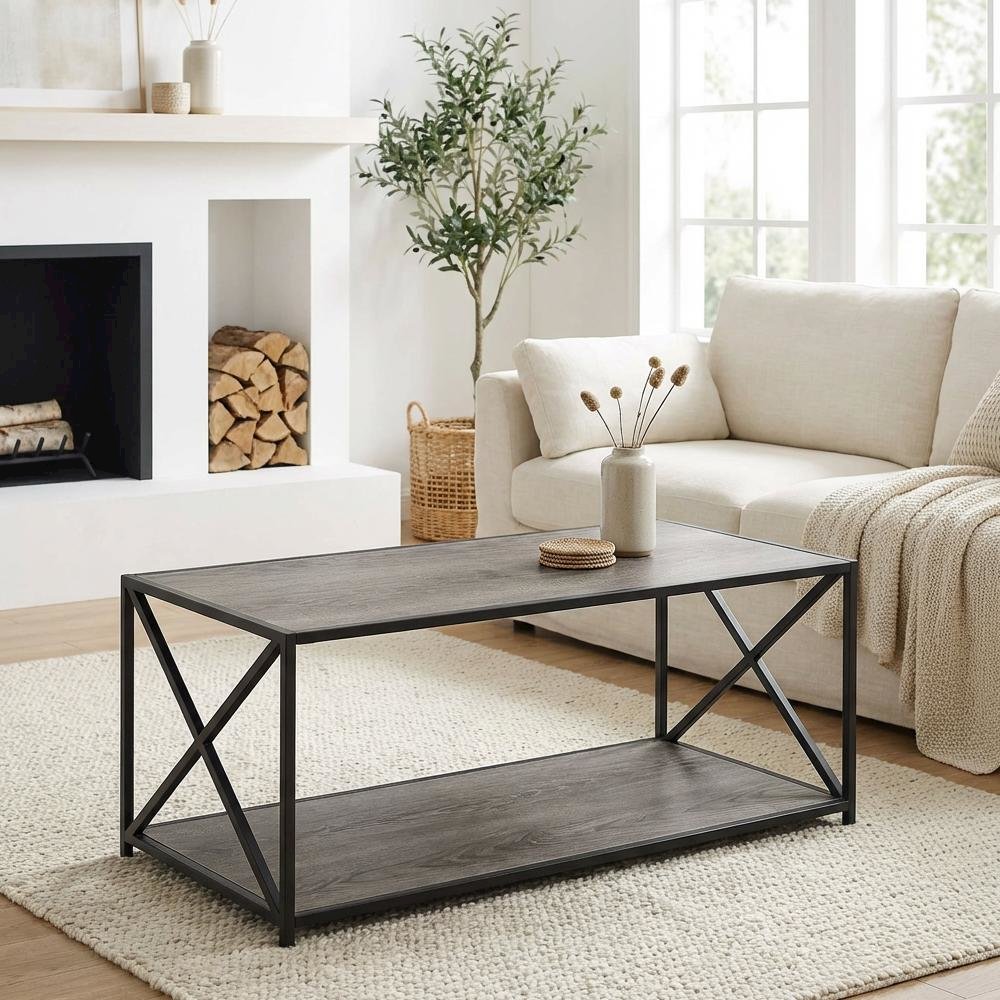 Weathered Gray Coffee Table with Particle Board Top and Sturdy Base Design