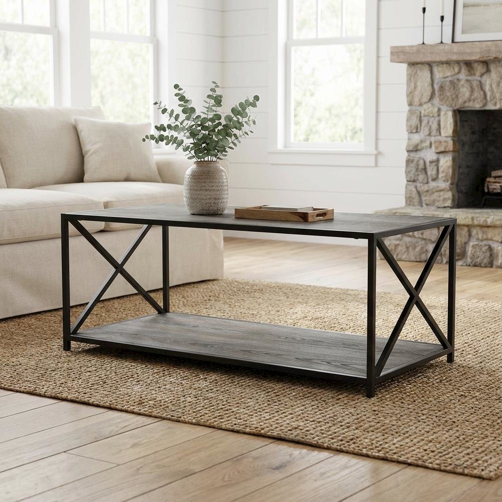 Weathered Gray Coffee Table with Particle Board Top and Sturdy Base Design