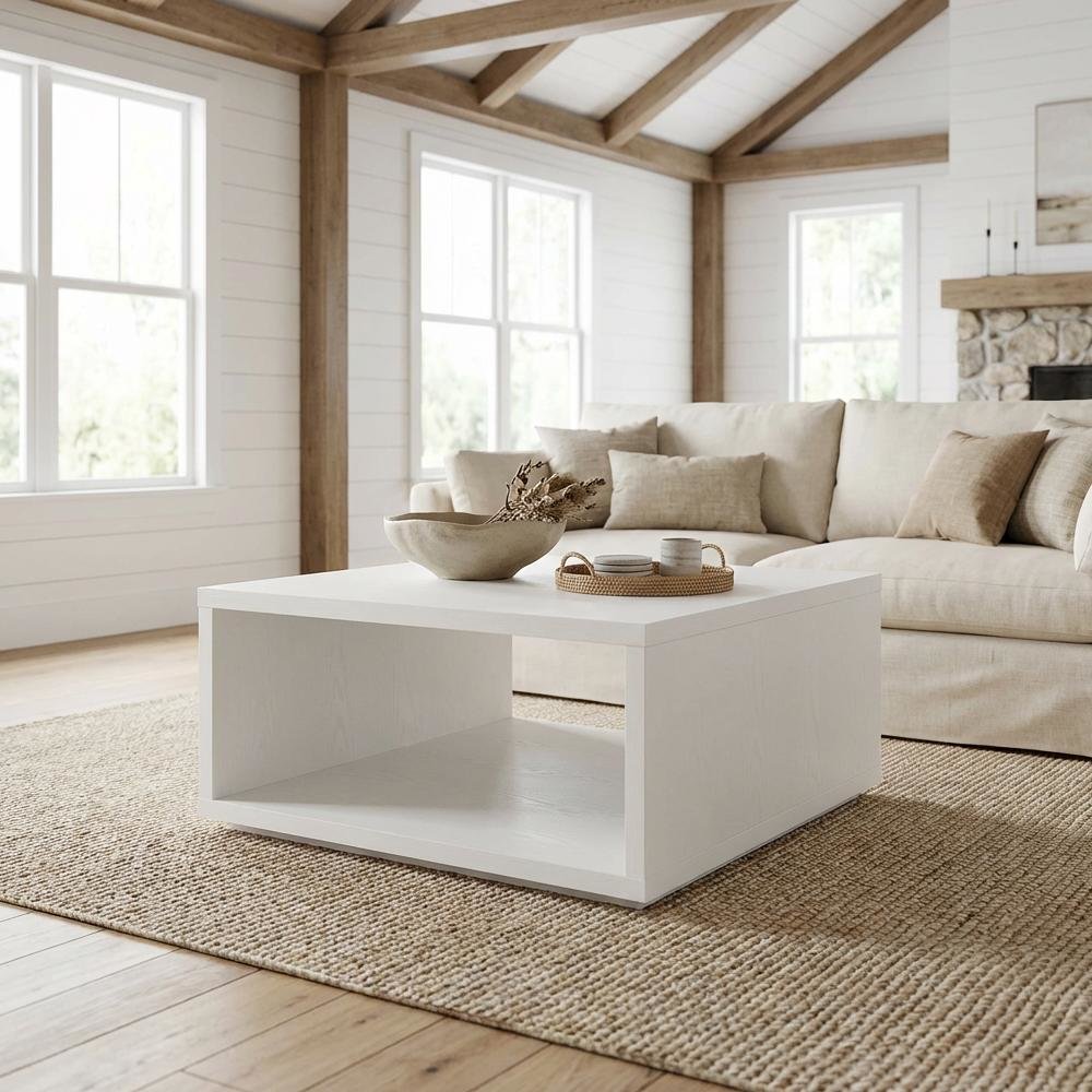 White Square Coffee Table with Honeycomb Particle Board Top and Sturdy Base