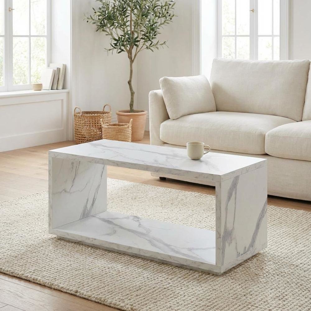 White Faux Marble Coffee Table with Shelf Honeycomb Particle Board