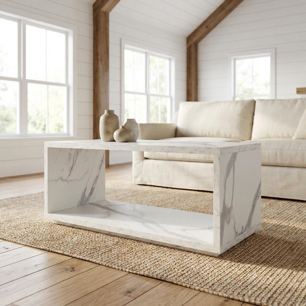White Faux Marble Coffee Table with Shelf Honeycomb Particle Board