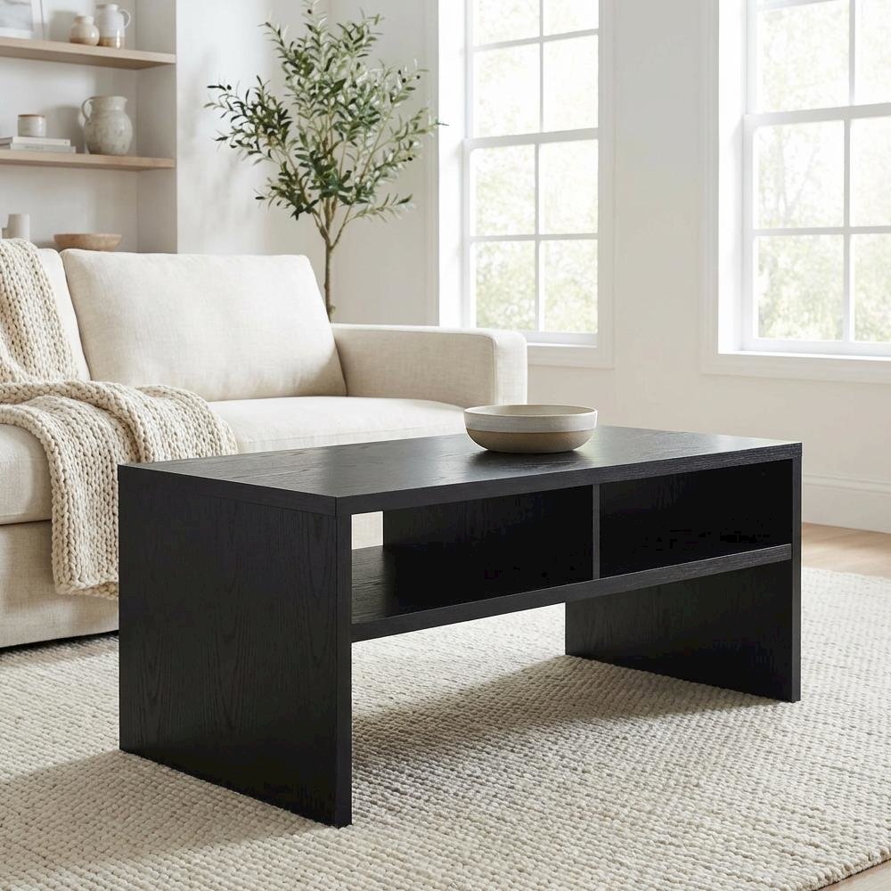 Black Honeycomb Coffee Table with Shelves and Sturdy Frame for Living Room