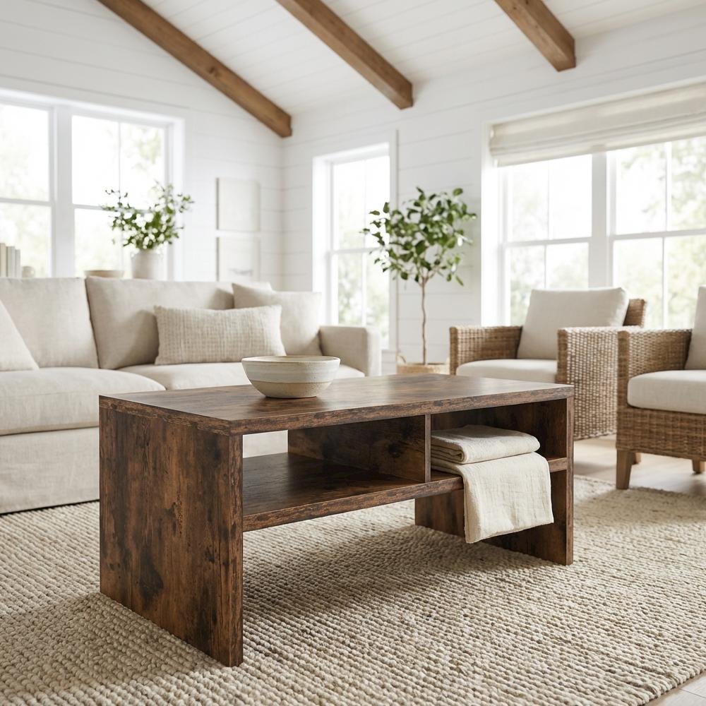 Barnwood Coffee Table with Shelves Honeycomb Construction Durable Design