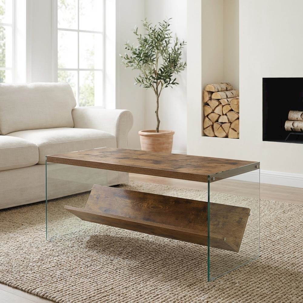 Glass Coffee Table with Shelf Clear Contemporary Design Single Piece