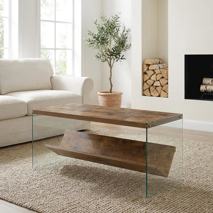 Glass Coffee Table with Shelf Clear Contemporary Design Single Piece