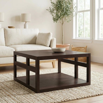 Square Coffee Table in Neutral Finish with Lower Shelf and Contemporary Design