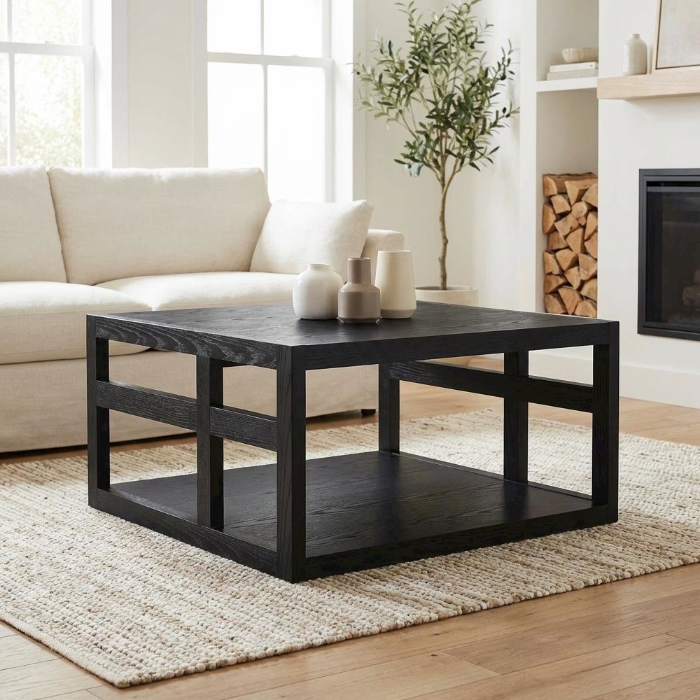 Square Contemporary Coffee Table with Open Shelf and Sturdy Design