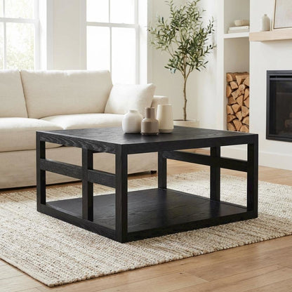 Square Contemporary Coffee Table with Open Shelf and Sturdy Design