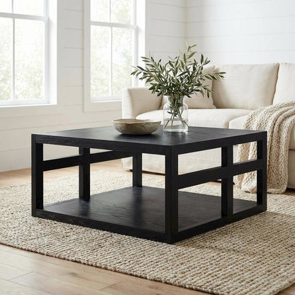 Square Contemporary Coffee Table with Open Shelf and Sturdy Design