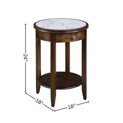 Faux Marble End Table, White, Drawer, Shelf, Espresso Wood