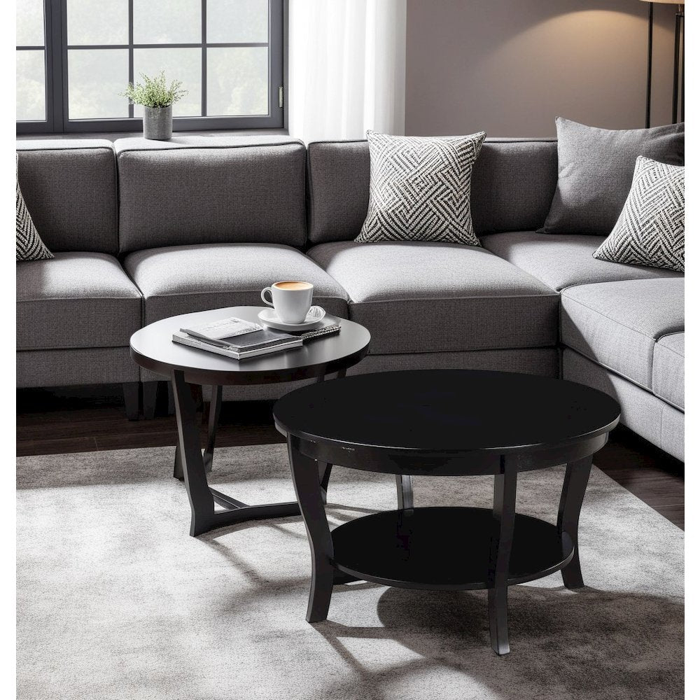 Elegant Black Round Coffee Table with Shelf, MDF Solid Rubberwood Material