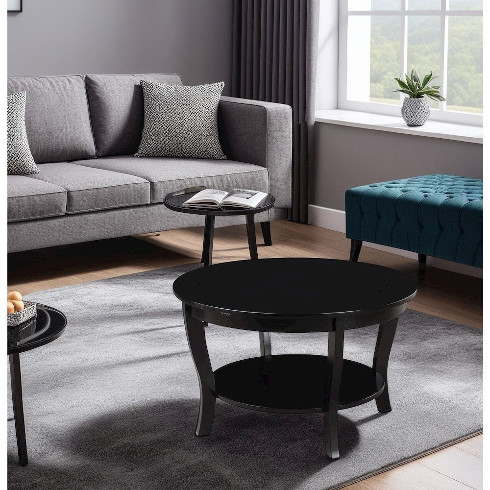 Elegant Black Round Coffee Table with Shelf, MDF Solid Rubberwood Material