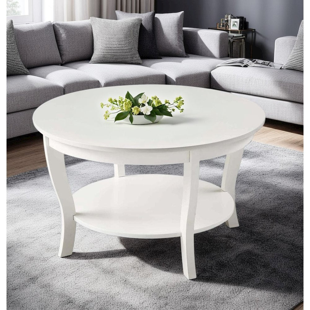White Round Coffee Table with Shelf, MDF and Solid Rubberwood Construction