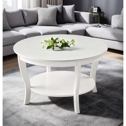 White Round Coffee Table with Shelf, MDF and Solid Rubberwood Construction