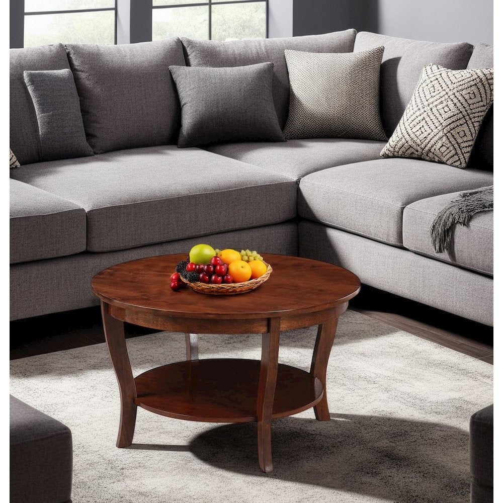 Brown Round Coffee Table with Lower Shelf for Stylish Living Room Storage