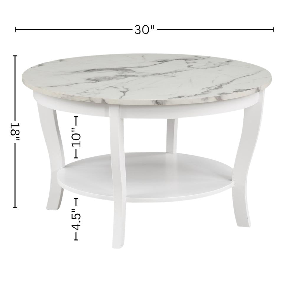 Round Coffee Table, White, Faux Marble Top, Curved Legs