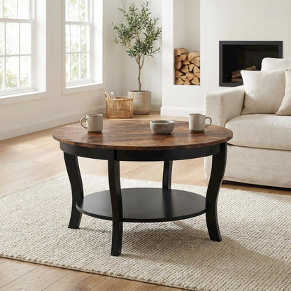 Multi-Color Round Coffee Table with Single Shelf and Rubberwood Legs